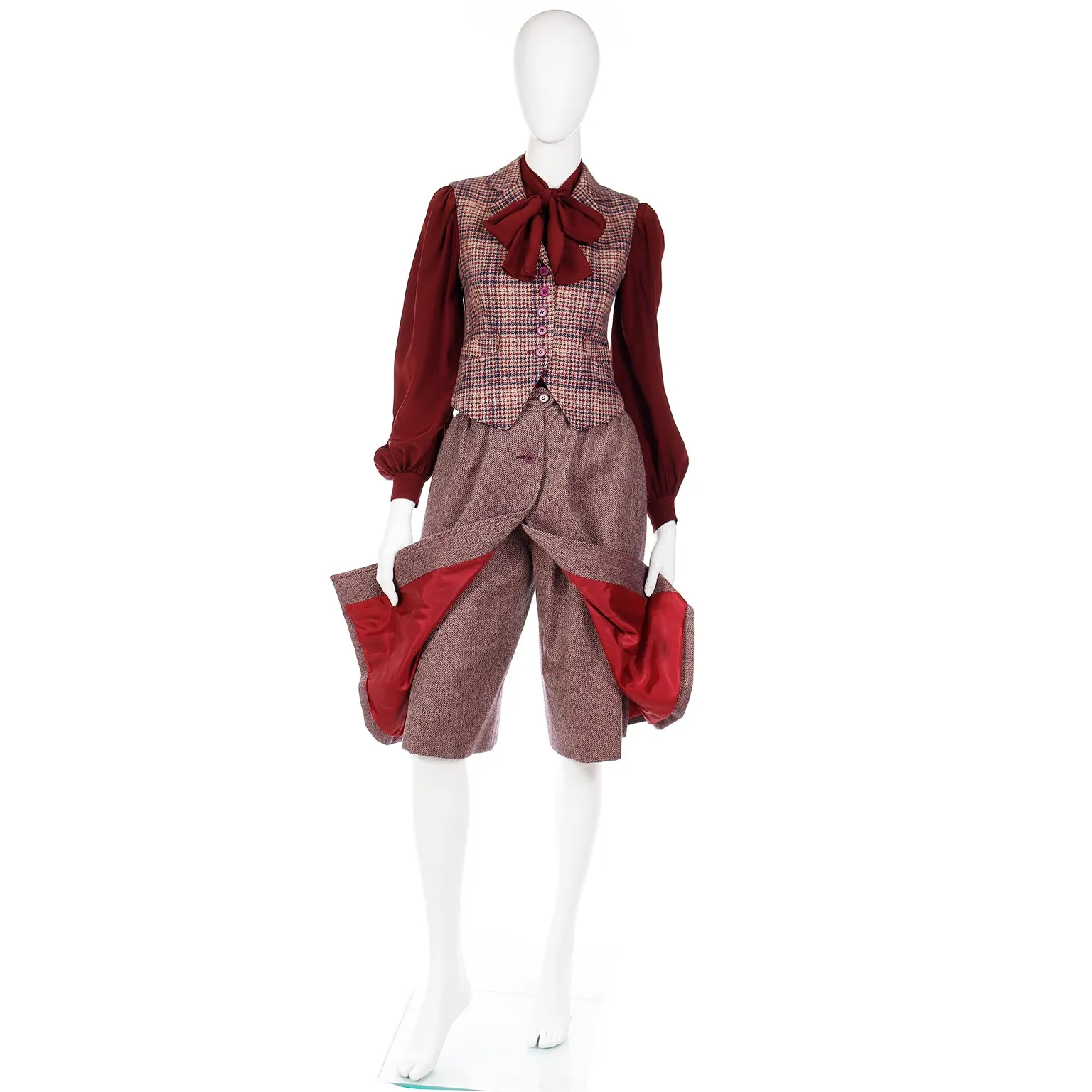 1970s Jean Patou Boutique 3pc Burgundy Culotte Plaid Vest & Blouse Outfit