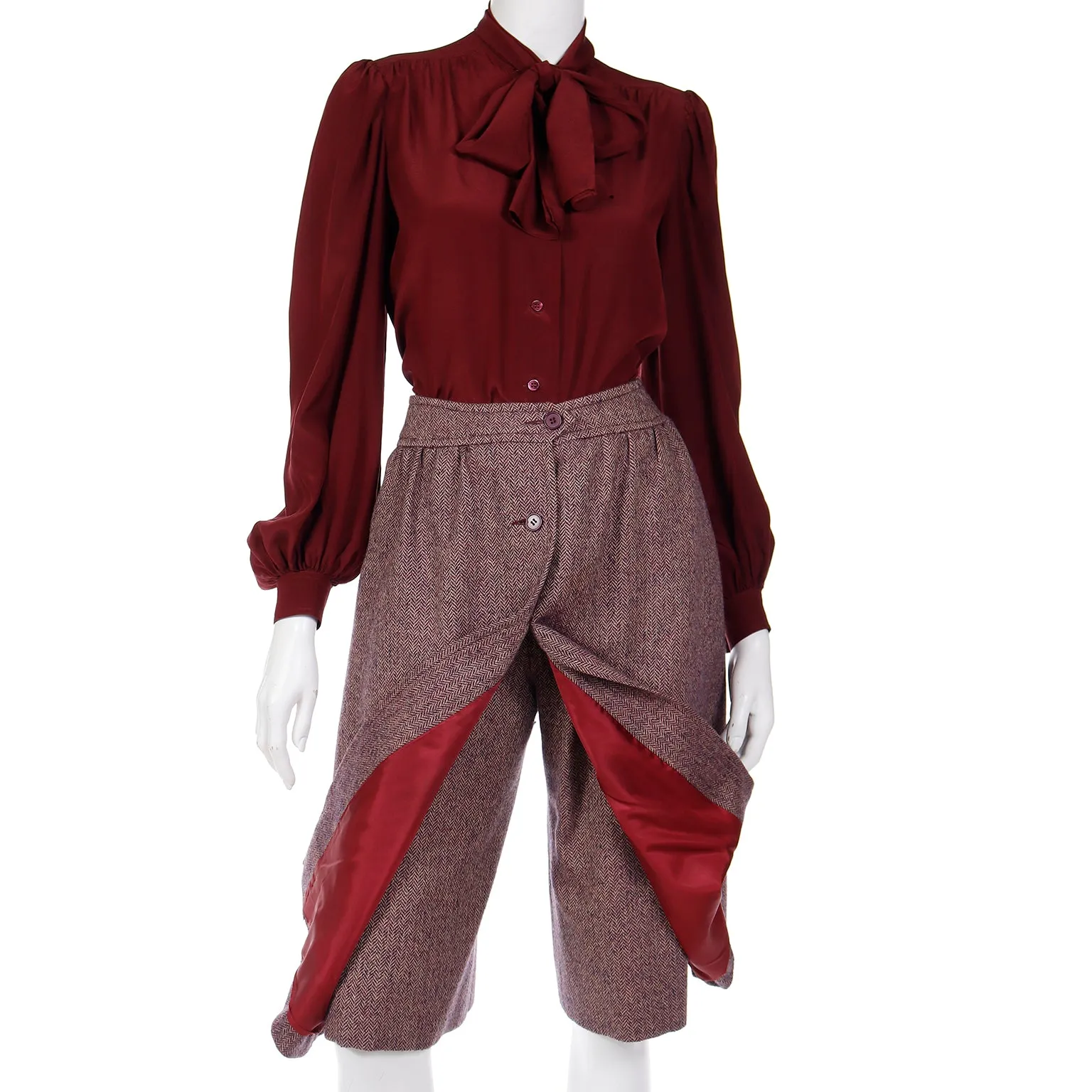 1970s Jean Patou Boutique 3pc Burgundy Culotte Plaid Vest & Blouse Outfit