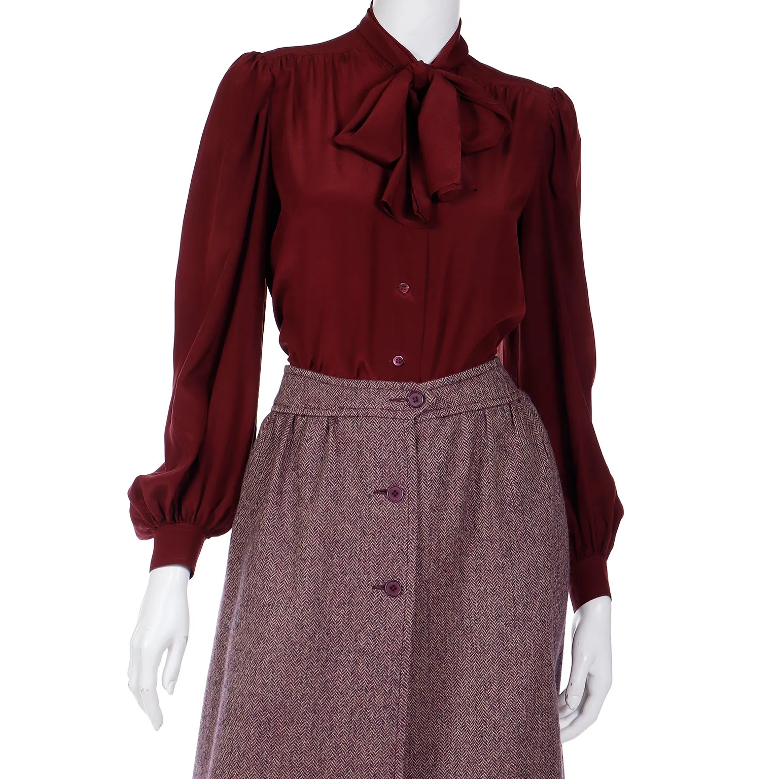 1970s Jean Patou Boutique 3pc Burgundy Culotte Plaid Vest & Blouse Outfit