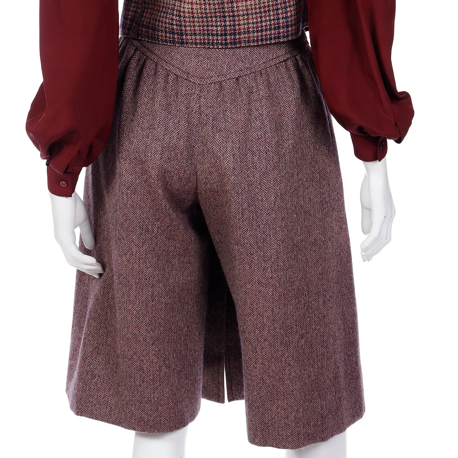 1970s Jean Patou Boutique 3pc Burgundy Culotte Plaid Vest & Blouse Outfit