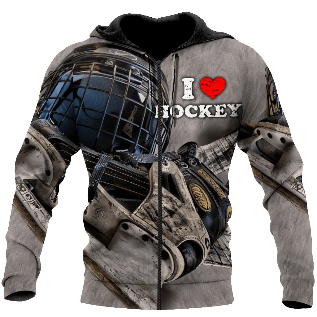 3D All Over Printed I Love Hockey 3D Full Printed Sweatshirt Zip Hoodie, Christmas Shirt for Ice Hockey