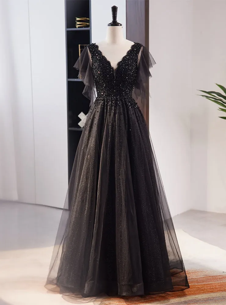 A-Line Black Tulle Sequins V-neck Beading Prom Dress