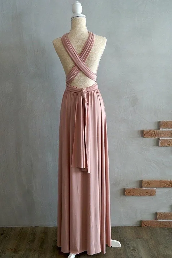 A-line Floor-Length Criss-Cross Straps Blush Spandex Bridesmaid Dress  BD043