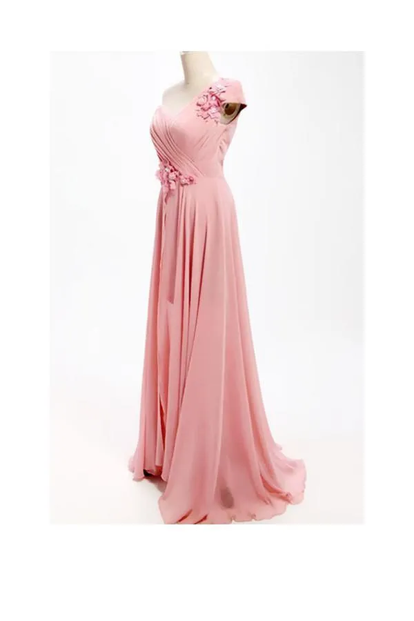 A-line One Shoulder Long Chiffon Bridesmaid Dress with Flowers BD017