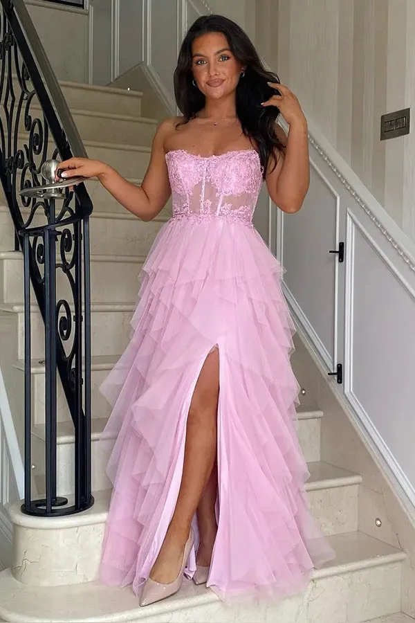 A-Line Ruffles Appliques Corset Pink Long Prom Dress with Slit PSK604