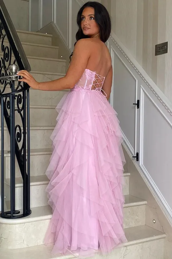 A-Line Ruffles Appliques Corset Pink Long Prom Dress with Slit PSK604