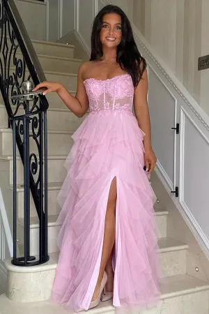 A-Line Ruffles Appliques Corset Pink Long Prom Dress with Slit PSK604