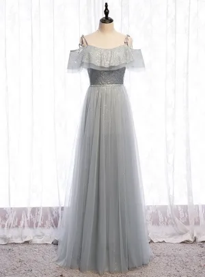 A-Line Silver Gray Tulle Sequins Spaghetti Straps Prom Dress