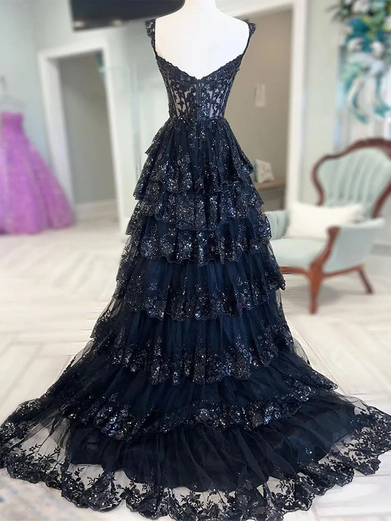 A-Line Sweetheart Neck Tulle Sequin Black Long Prom Dress, Black Formal Dress