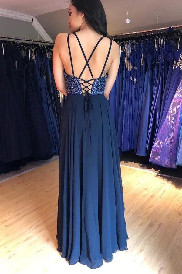 A-Line V-Neck Lace Up Navy Blue Chiffon Long Prom Dress with Beading PG954