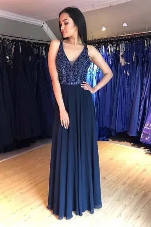 A-Line V-Neck Lace Up Navy Blue Chiffon Long Prom Dress with Beading PG954