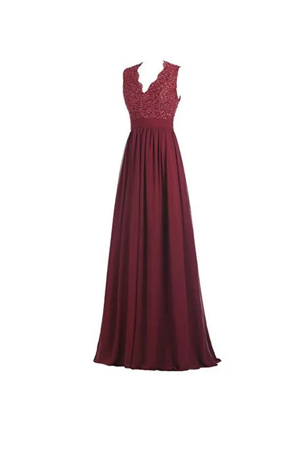 A-line V Neck Open Back Chiffon Long Evening Gown with Lace PG253