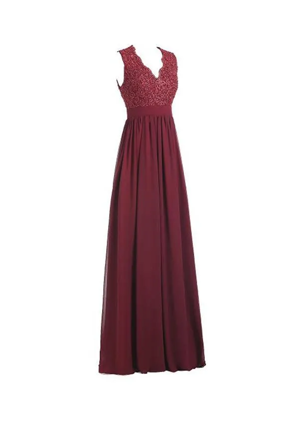 A-line V Neck Open Back Chiffon Long Evening Gown with Lace PG253