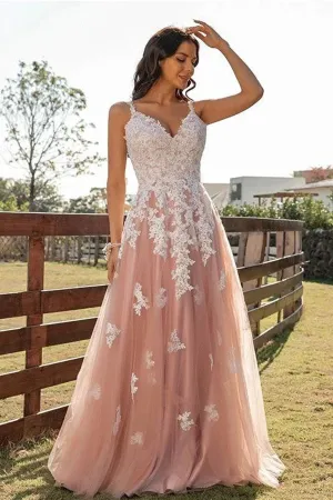 A Line V Neck Pink Tulle Long Prom Dress with Lace Appliques, V Neck Pink Formal Graduation Evening Dress A1691