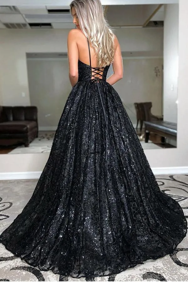 A Line V Neck Sequins Spaghetti Straps Black Long Prom Dress PSK224