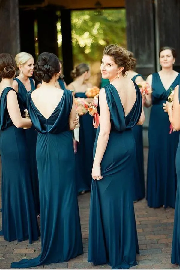 A-Line V-Neck Sweep Train Backless Navy Blue Bridesmaid Dress BD081