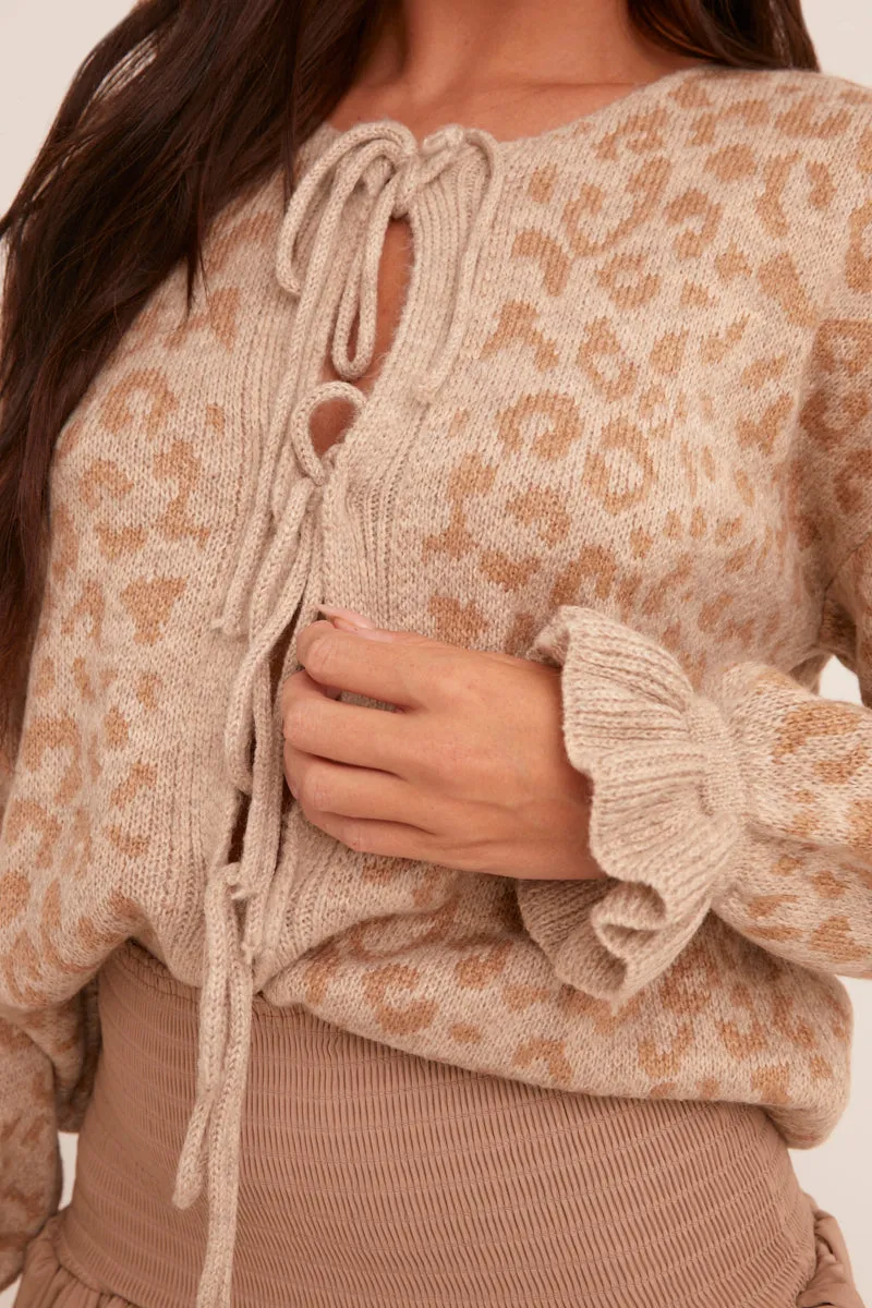 Beige Knit Leopard Print Tie Front Cardigan - Trinidy