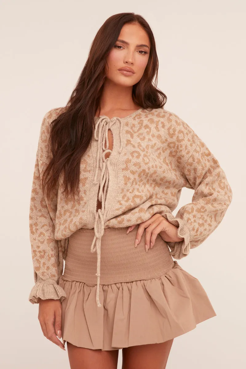 Beige Knit Leopard Print Tie Front Cardigan - Trinidy