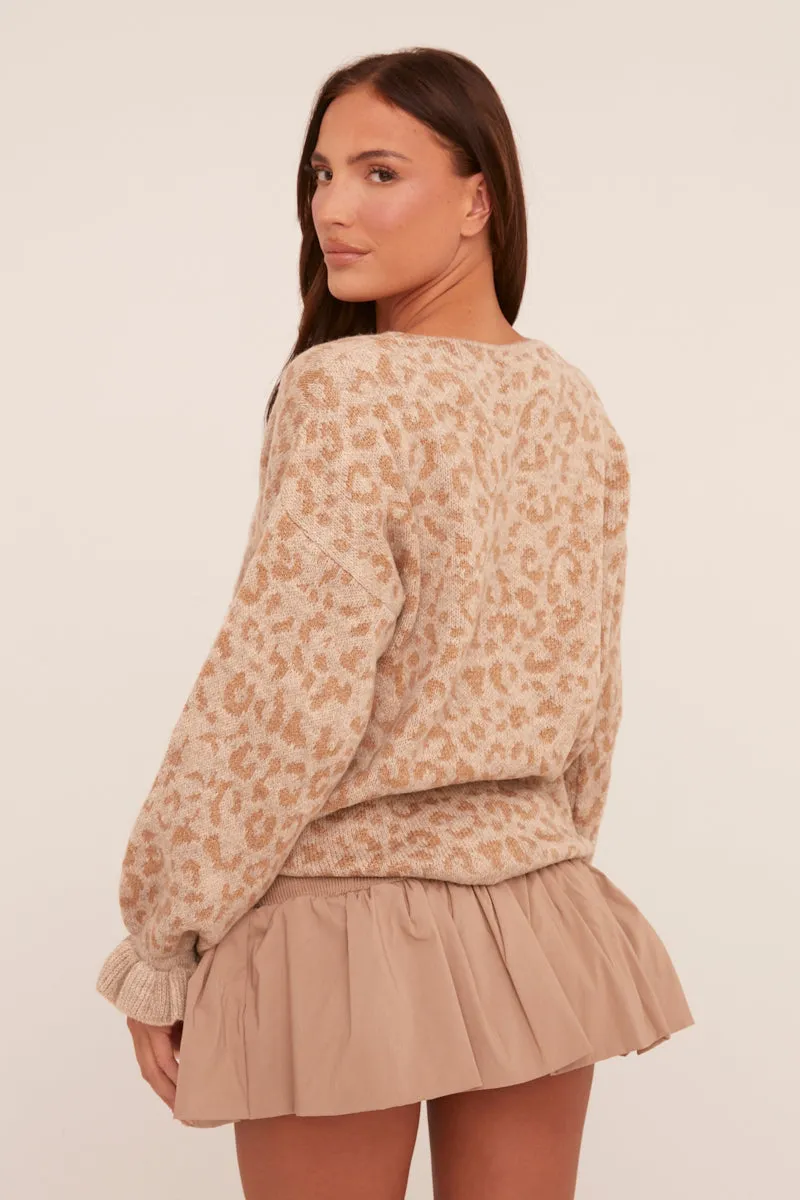 Beige Knit Leopard Print Tie Front Cardigan - Trinidy