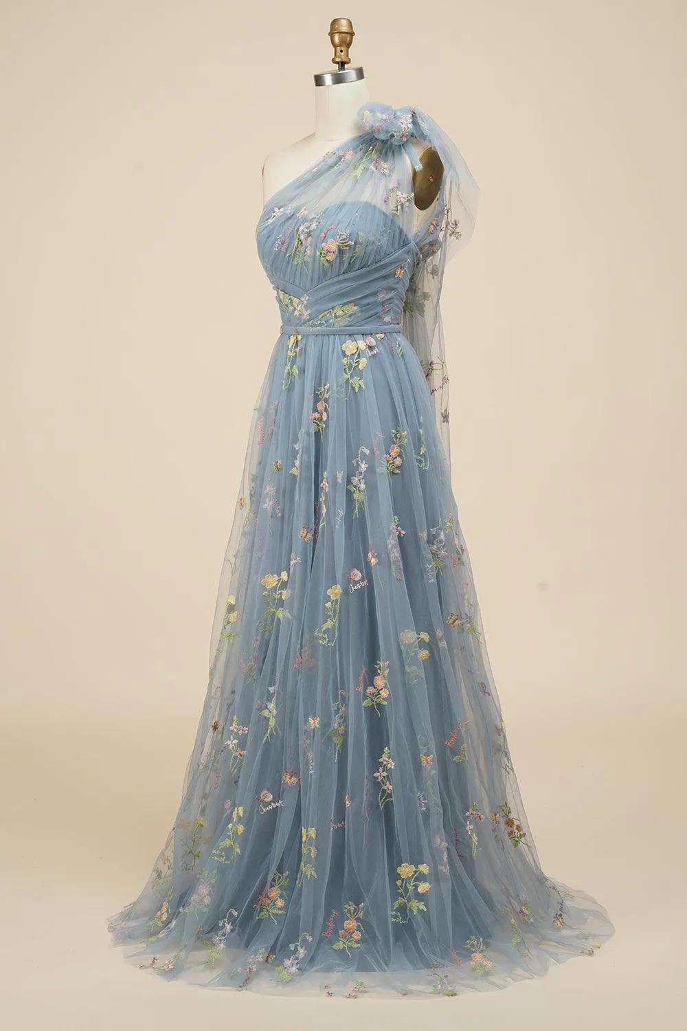 Blue-Grey Floral Embroidery One-Shoulder A-Line Prom Dress  PSK320