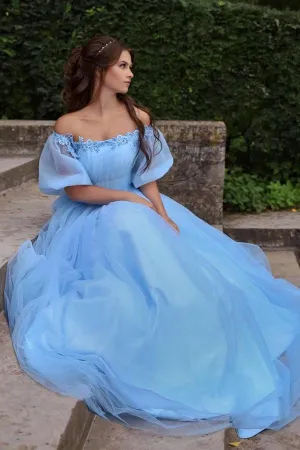 Blue Princess Off-Shoulder Floral Tulle A-Line Long Prom Dress PSK269