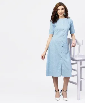 Blue Printed 3/4Th Sleeve Cotton A-Line Dress