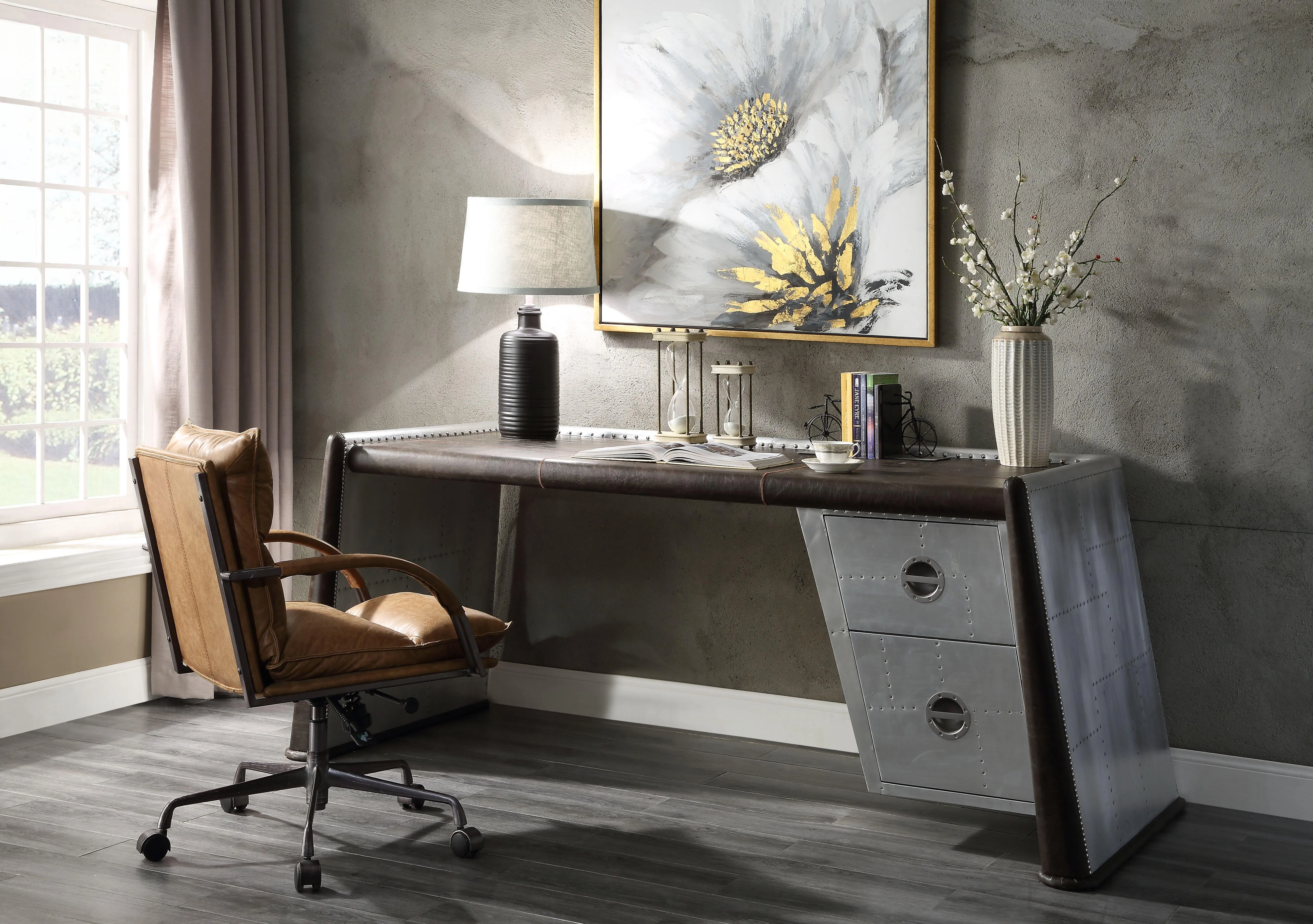 Brancaster Distress Chocolate Top Grain Leather & Aluminum Desk