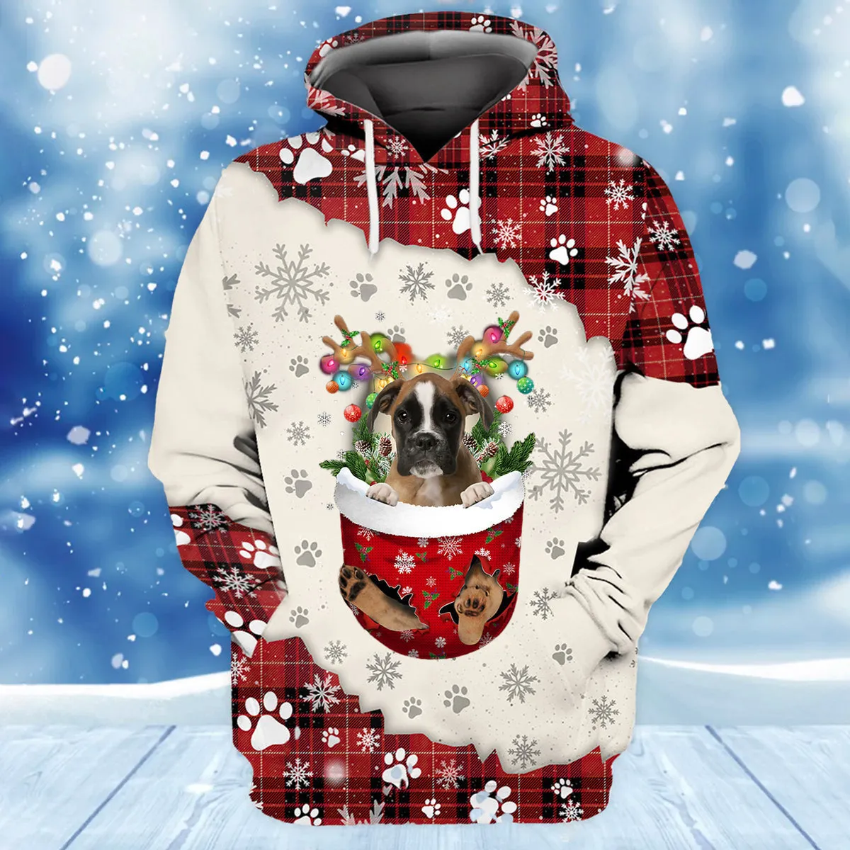 BROWN Boxer In Snow Pocket Merry Christmas Unisex Hoodie