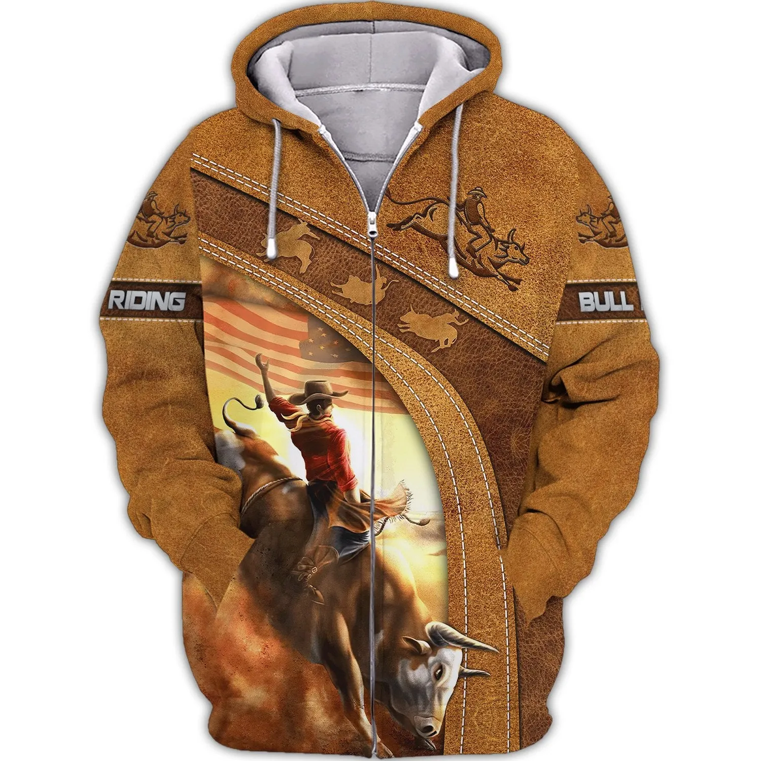 Bull Riding American Flag Leather 3D Sweatshirt Hoodie Christmas Shirt