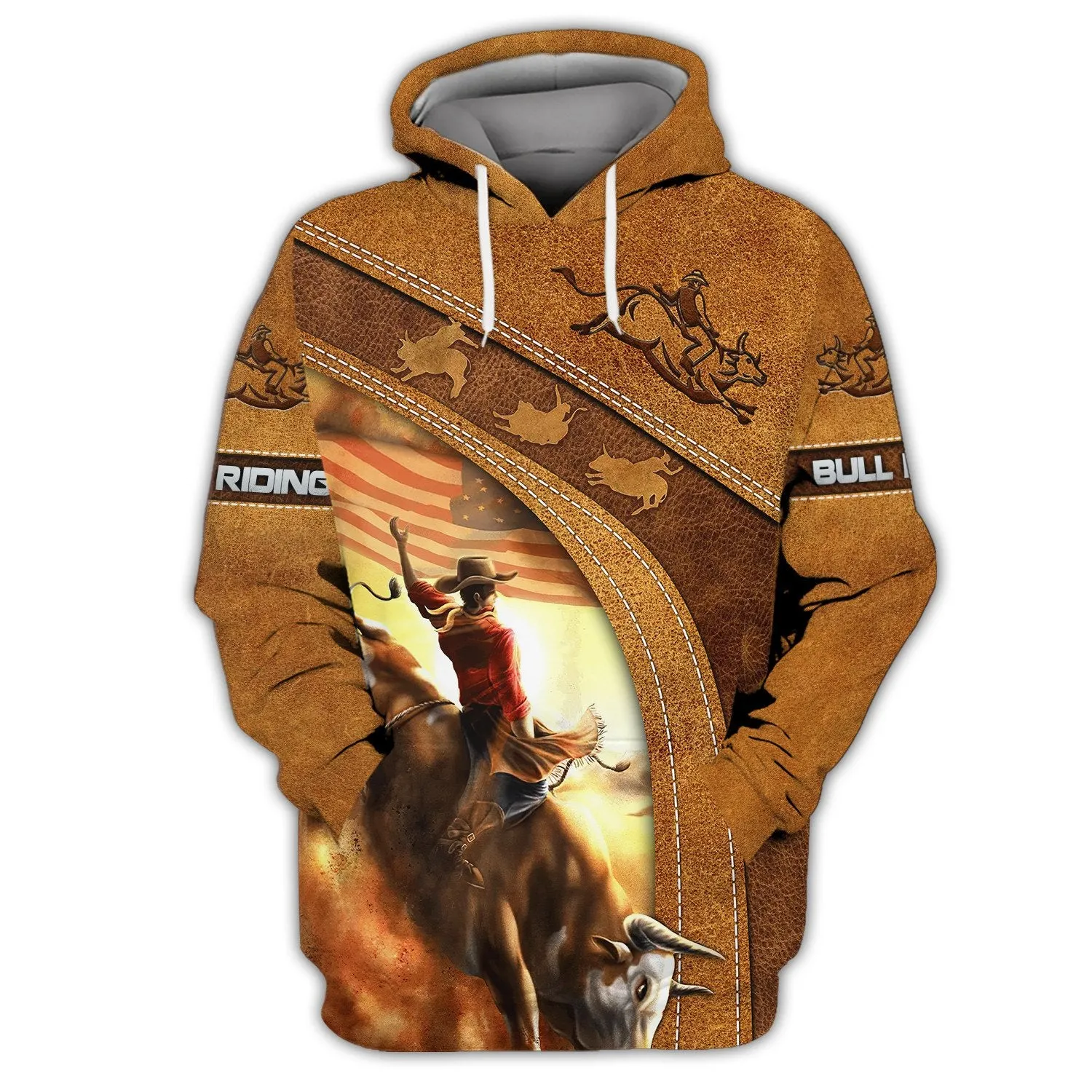 Bull Riding American Flag Leather 3D Sweatshirt Hoodie Christmas Shirt