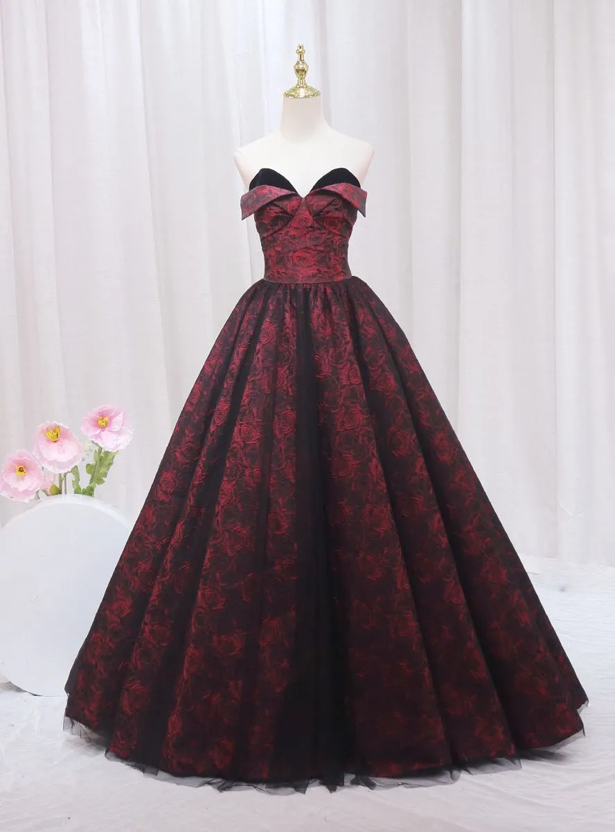 Burgundy Print Strapless Prom Dress