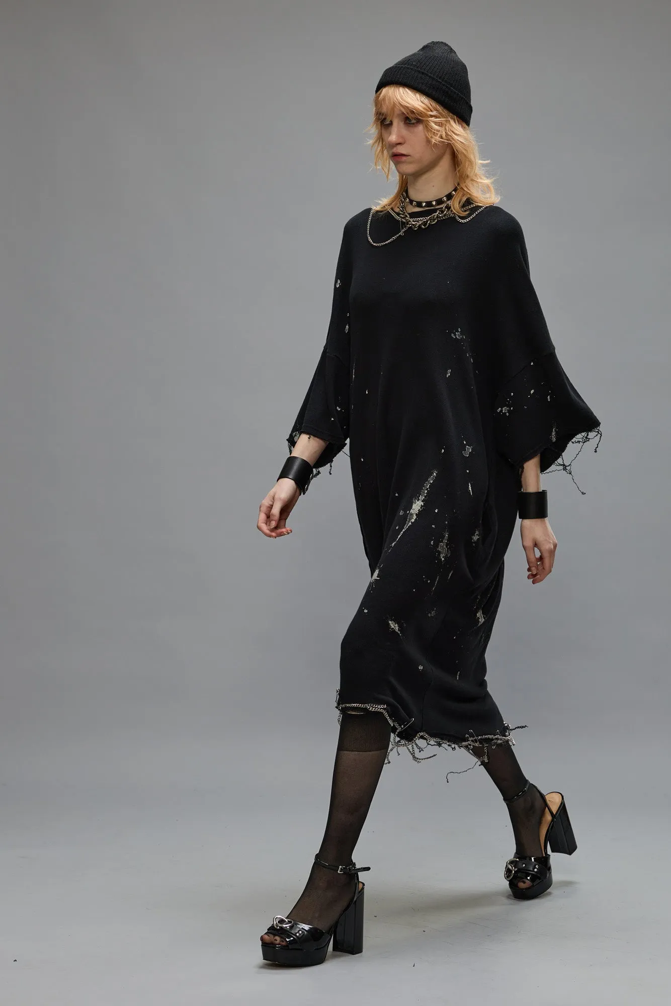 CHAIN EMBELLISHED SHIRTDRESS - SPLATTERED BLACK