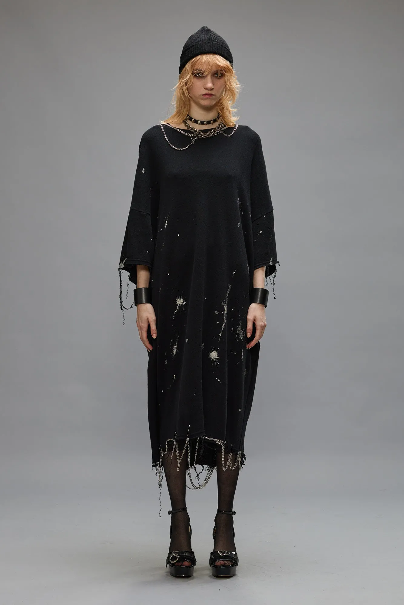 CHAIN EMBELLISHED SHIRTDRESS - SPLATTERED BLACK