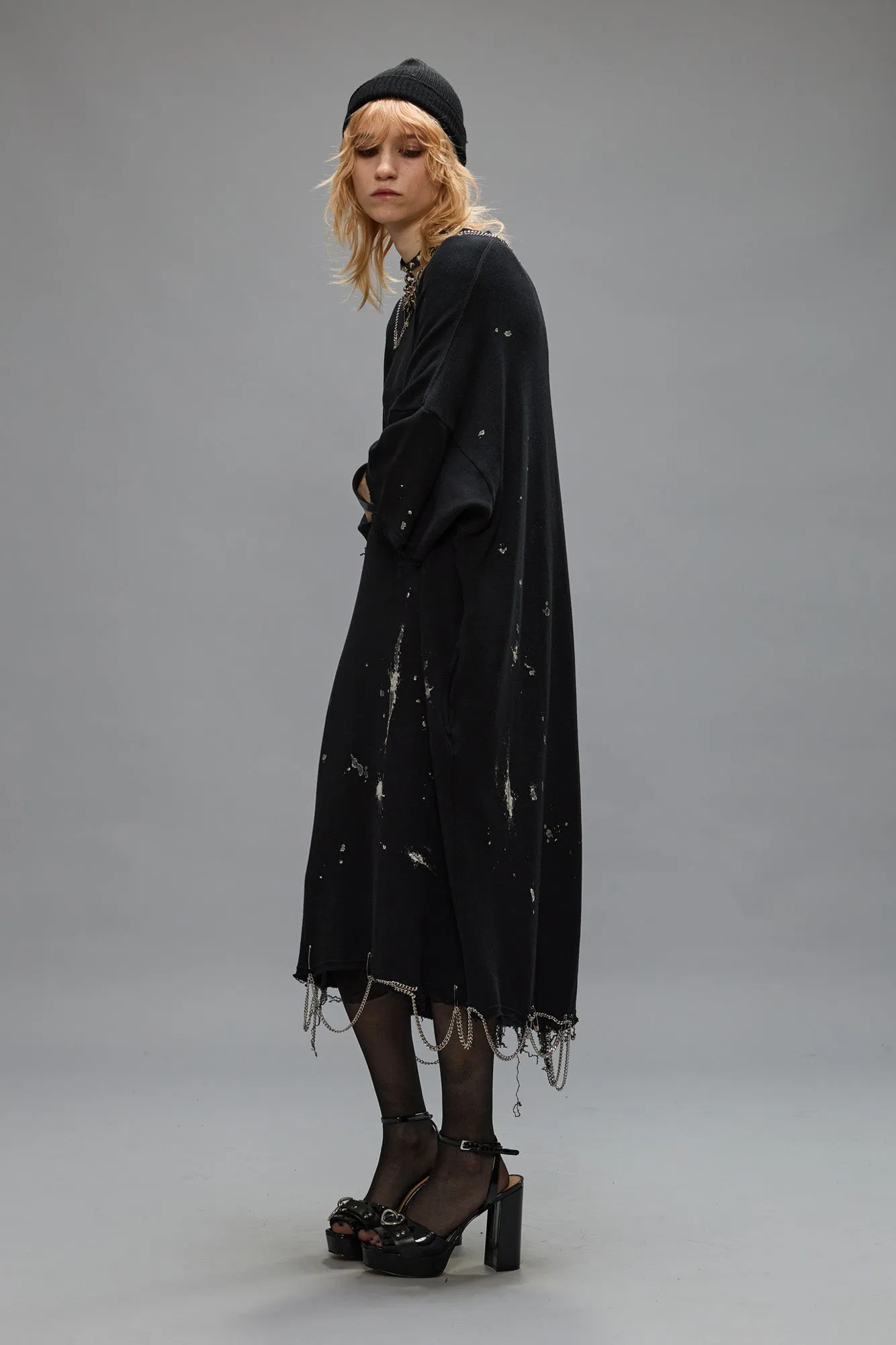 CHAIN EMBELLISHED SHIRTDRESS - SPLATTERED BLACK