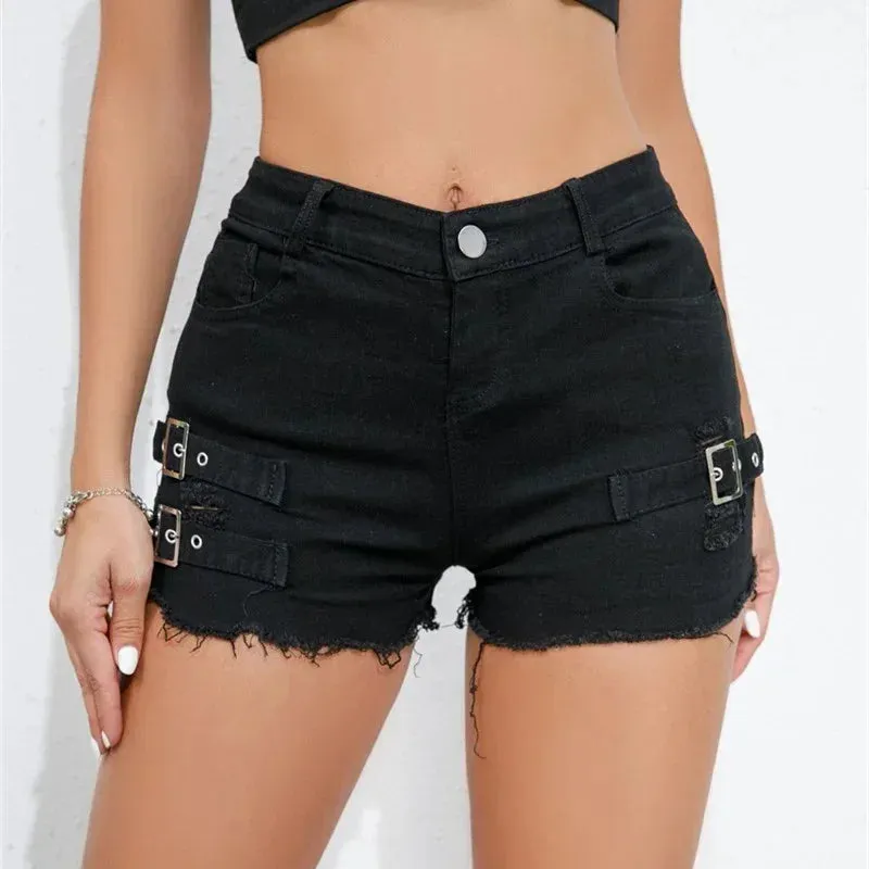 Denim Woman Shorts High Waist Broken Patchwork Tassel Jeans Casual Streetwear