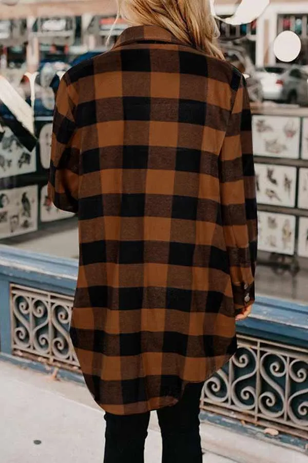 Dunnmall Casual Mid Length Plaid Print Coat