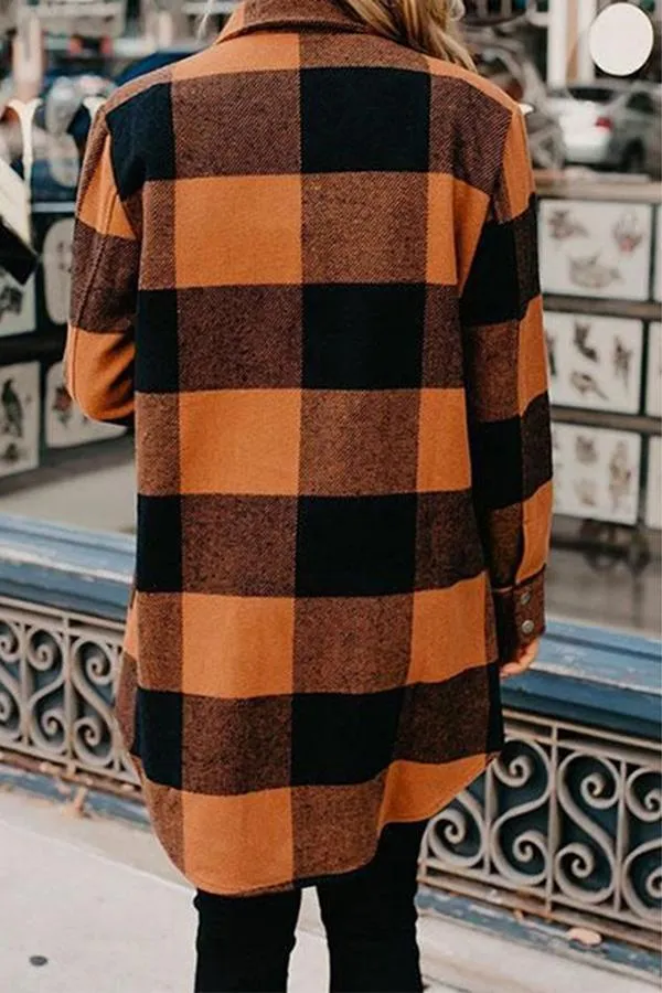 Dunnmall Casual Mid Length Plaid Print Coat