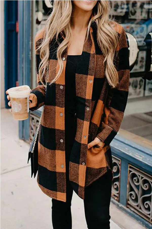 Dunnmall Casual Mid Length Plaid Print Coat