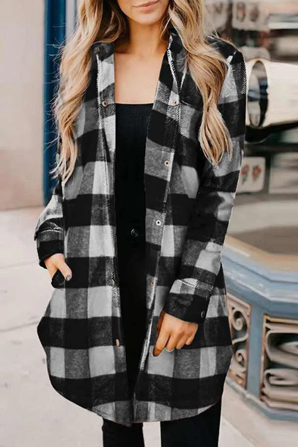 Dunnmall Casual Mid Length Plaid Print Coat