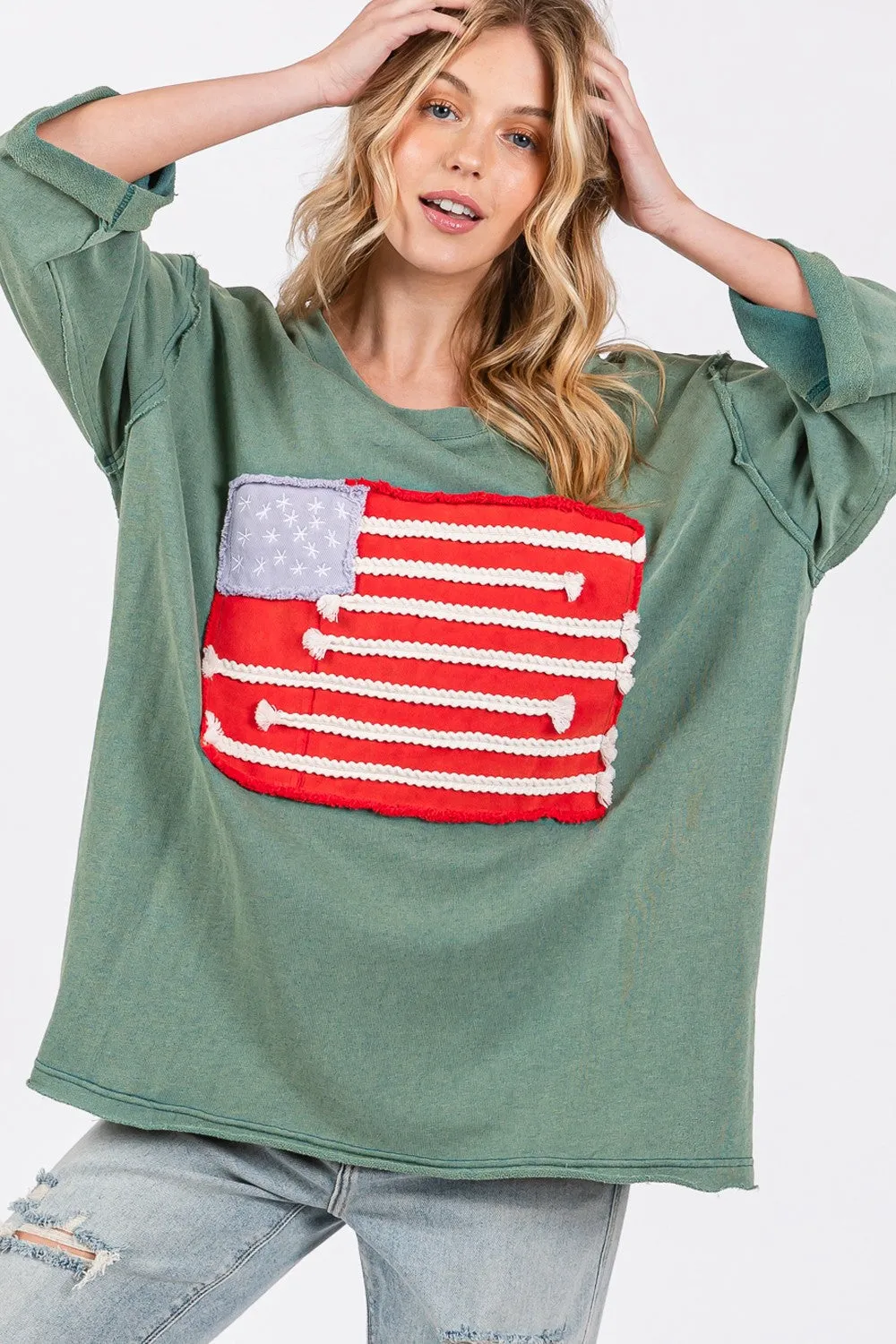 Full Size American Flag Patch Drop Shoulder T-Shirt