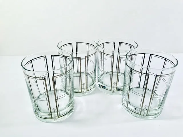 Georges Briard Signed Mid-Century Platinum Plaid Double Old Fashion Glasses (Set of 4)