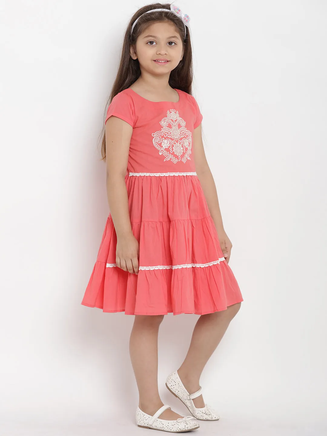 Girls Peach-Coloured Printed A-Line Dress