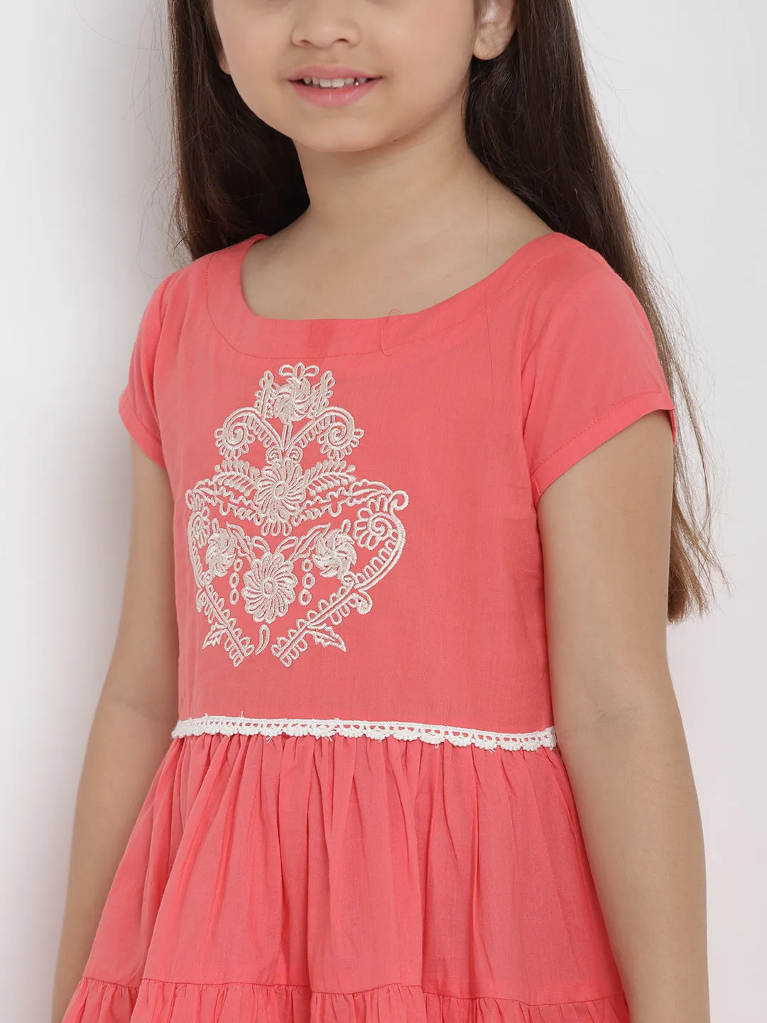 Girls Peach-Coloured Printed A-Line Dress