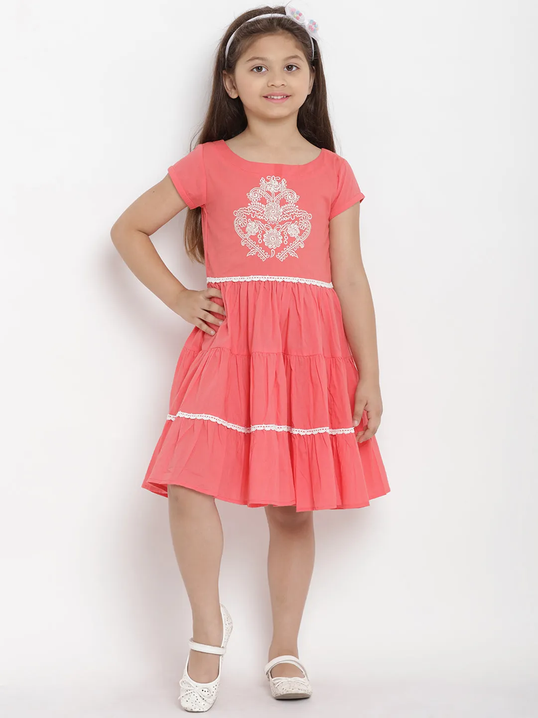 Girls Peach-Coloured Printed A-Line Dress