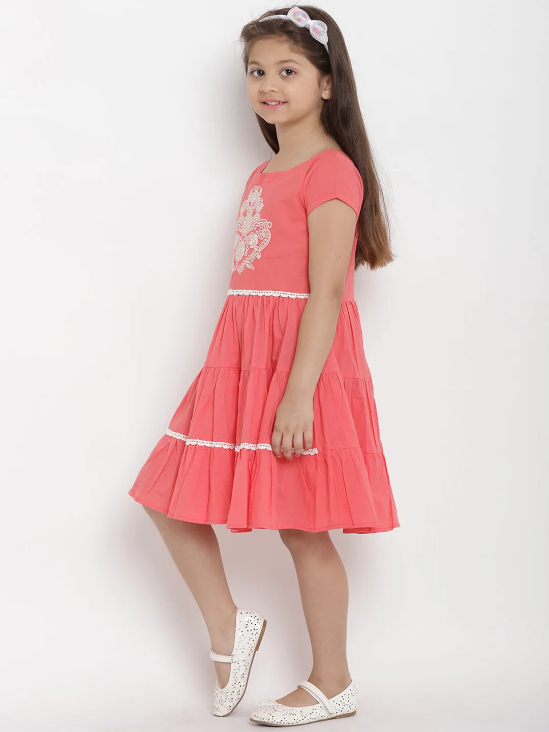 Girls Peach-Coloured Printed A-Line Dress