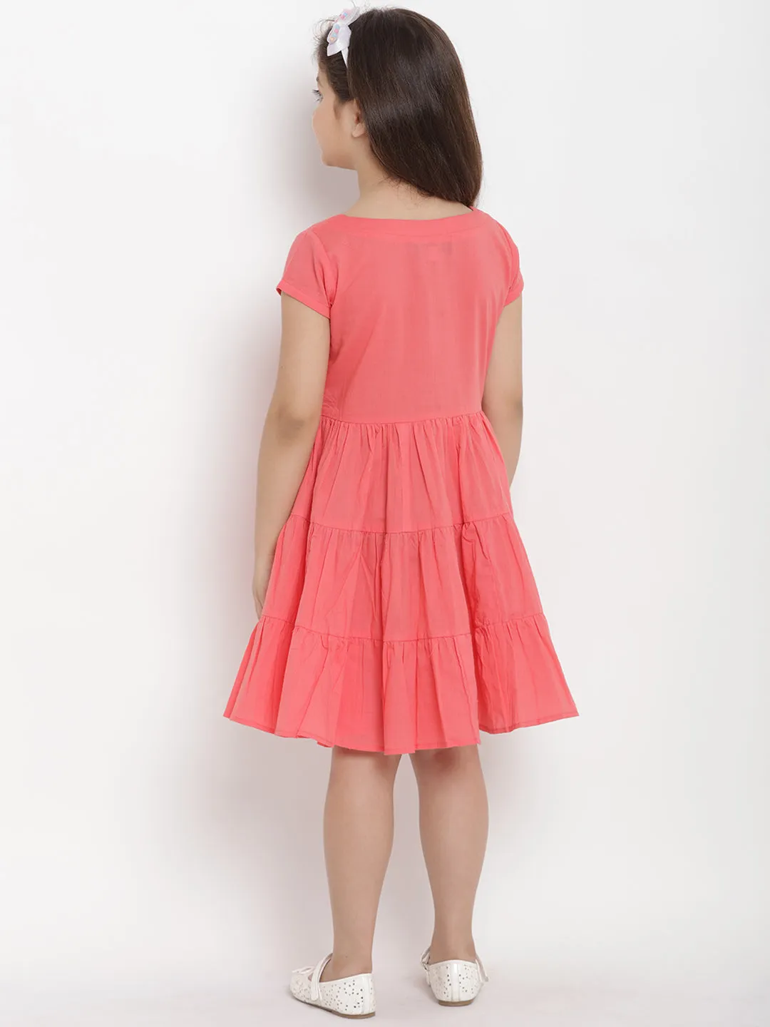 Girls Peach-Coloured Printed A-Line Dress