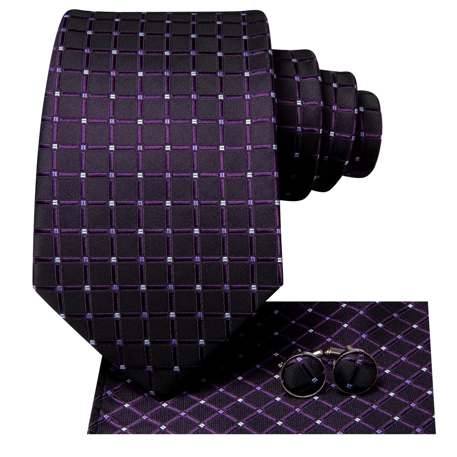 Hi-Tie Black Men's Tie Indigo Purple Jacquard Checkered Necktie Set