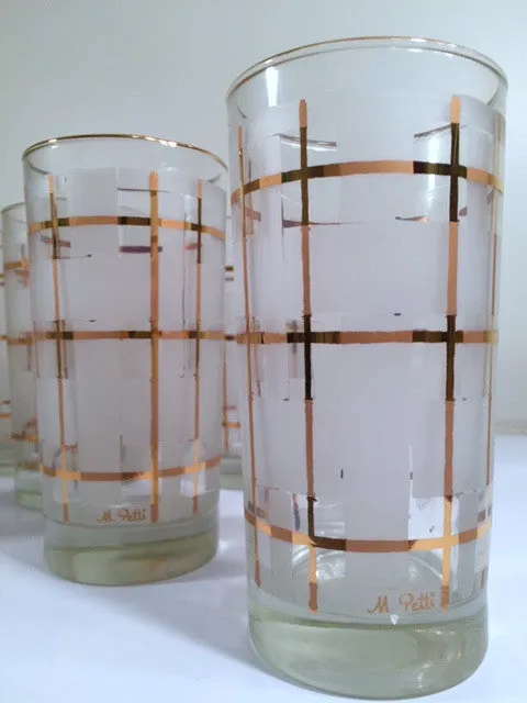 Libbey Mid-Century Golden Plaid M. Petti Signed Glasses (Set of 8 with Original Box)