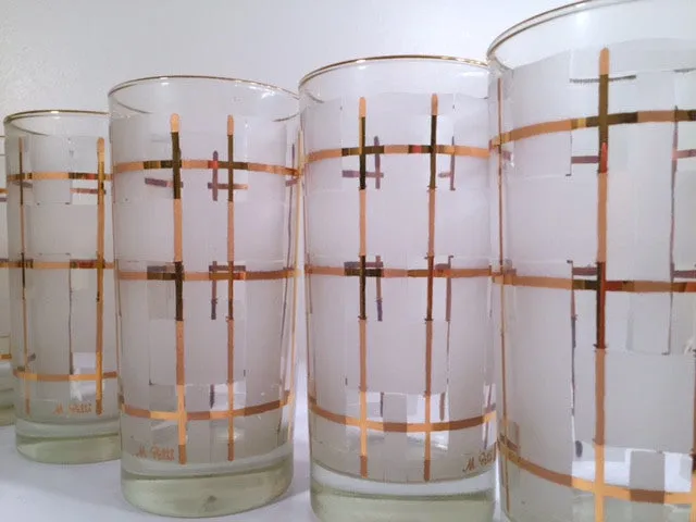 Libbey Mid-Century Golden Plaid M. Petti Signed Glasses (Set of 8 with Original Box)