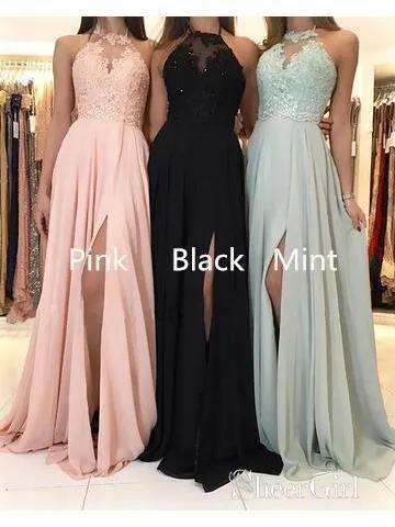 Long Bridesmaid Dresses Lace Top Chiffon Formal Dress with Slit BD066